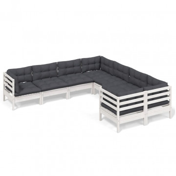 Set mobilier de grădină cu perne, 8 piese, alb, lemn masiv pin - Img 2