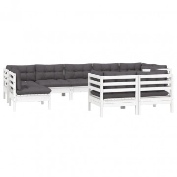 Set mobilier de grădină cu perne, 9 piese, alb, lemn masiv pin - Img 3