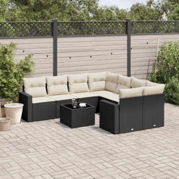 Set mobilier de grădină cu perne, 9 piese, negru, poliratan - Img 1