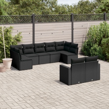 Set mobilier de grădină cu perne, 9 piese, negru, poliratan - Img 1