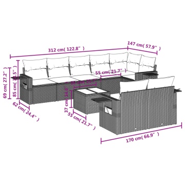 Set mobilier de grădină cu perne, 9 piese, negru, poliratan - Img 3