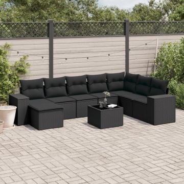 Set mobilier de grădină cu perne, 9 piese, negru, poliratan - Img 1