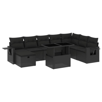 Set mobilier de grădină cu perne, 9 piese, negru, poliratan - Img 2