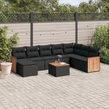 Set mobilier de grădină cu perne, 9 piese, negru, poliratan - Img 1