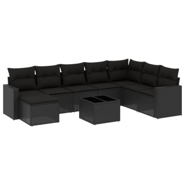 Set mobilier de grădină cu perne, 9 piese, negru, poliratan - Img 2