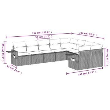 Set mobilier de grădină cu perne, 9 piese, negru, poliratan - Img 6