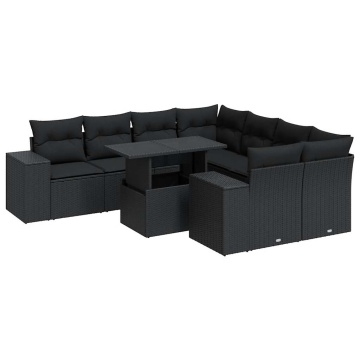 Set mobilier de grădină cu perne, 9 piese, negru, poliratan - Img 2