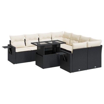 Set mobilier de grădină cu perne, 9 piese, negru, poliratan - Img 2