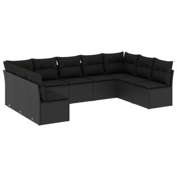 Set mobilier de grădină cu perne, 9 piese, negru, poliratan - Img 2
