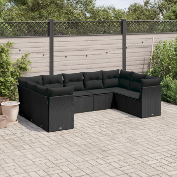 Set mobilier de grădină cu perne, 9 piese, negru, poliratan - Img 1