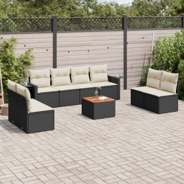 Set mobilier de grădină cu perne, 9 piese, negru, poliratan - Img 1