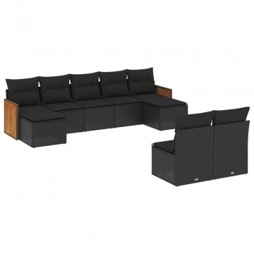 Set mobilier de grădină cu perne, 9 piese, negru, poliratan - Img 2