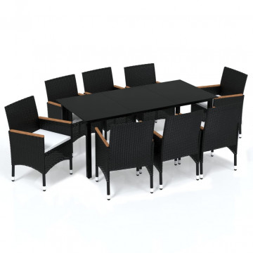 Set mobilier de grădină cu perne, 9 piese, negru, poliratan - Img 2