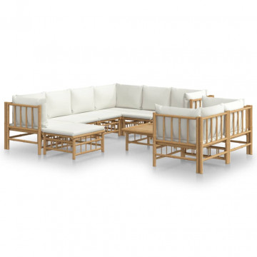 Set mobilier de grădină, cu perne alb crem, 10 piese, bambus - Img 2