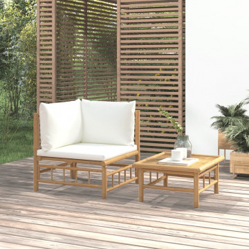 Set mobilier de grădină cu perne alb crem, 2 piese, bambus - Img 1