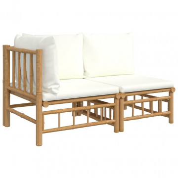 Set mobilier de grădină cu perne alb crem, 2 piese, bambus - Img 2