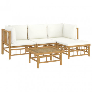 Set mobilier de grădină cu perne alb crem, 2 piese, bambus - Img 3