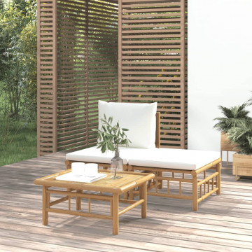Set mobilier de grădină, cu perne alb crem, 3 piese, bambus - Img 1