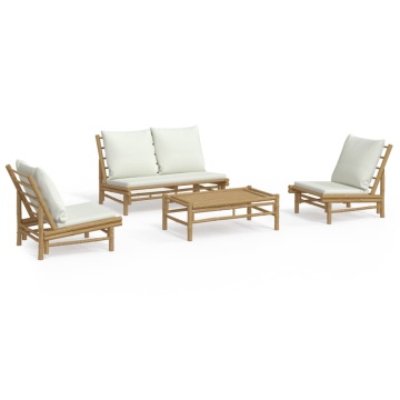 Set mobilier de grădină, cu perne alb crem, 4 piese, bambus - Img 2