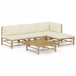Set mobilier de grădină cu perne alb crem, 5 piese, bambus - Img 1