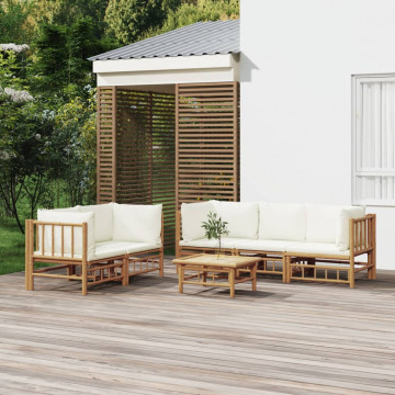 Set mobilier de grădină cu perne alb crem, 6 piese, bambus - Img 1