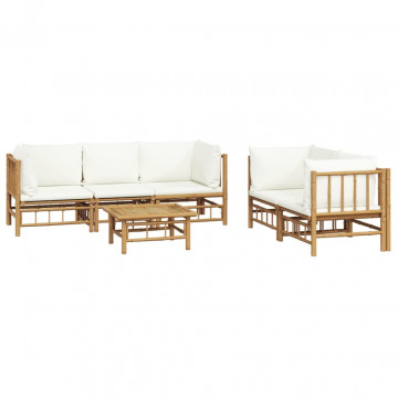 Set mobilier de grădină cu perne alb crem, 6 piese, bambus - Img 3