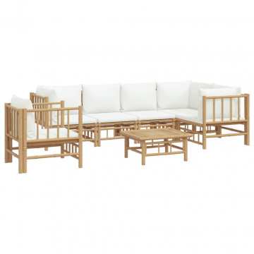 Set mobilier de grădină cu perne alb crem, 7 piese, bambus - Img 3