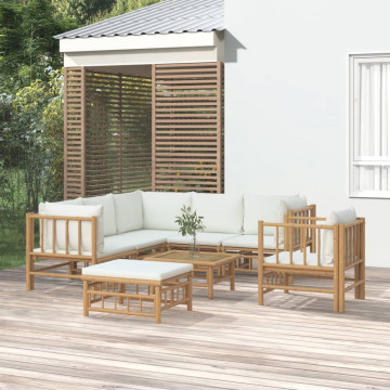 Set mobilier de grădină, cu perne alb crem, 8 piese, bambus - Img 1