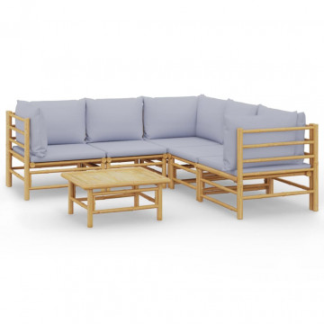 Set mobilier de grădină cu perne gri deschis, 6 piese, bambus - Img 2
