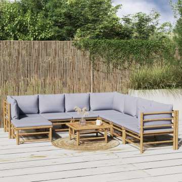 Set mobilier de grădină cu perne gri deschis, 9 piese, bambus - Img 1
