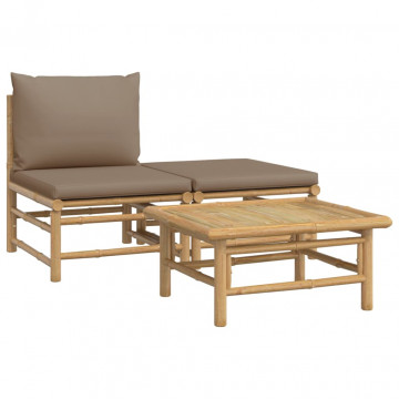 Set mobilier de grădină cu perne gri taupe, 3 piese, bambus - Img 2