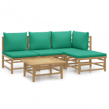Set mobilier de grădină cu perne verzi, 5 piese, bambus - Img 2