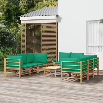 Set mobilier de grădină cu perne verzi, 9 piese, bambus - Img 1