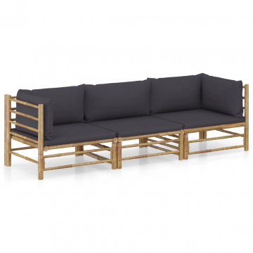 Set mobilier de grădină, perne gri închis, 3 piese, bambus - Img 1
