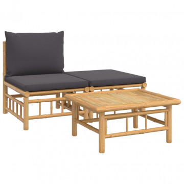 Set mobilier de grădină, perne gri închis, 3 piese, bambus - Img 2