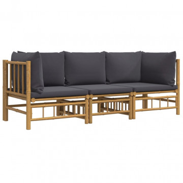 Set mobilier de grădină, perne gri închis, 3 piese, bambus - Img 3