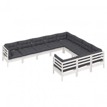 Set mobilier grădină cu perne, 10 piese, alb, lemn de pin - Img 3