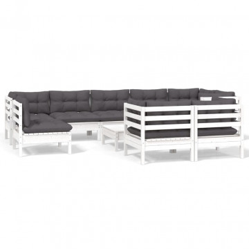 Set mobilier grădină cu perne, 10 piese, alb, lemn masiv pin - Img 2