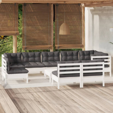 Set mobilier grădină cu perne, 10 piese, alb, lemn masiv pin - Img 1