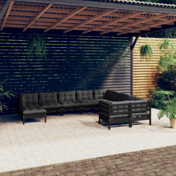Set mobilier grădină cu perne, 10 piese, negru, lemn de pin - Img 1
