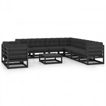Set mobilier grădină cu perne, 10 piese, negru, lemn masiv pin - Img 1