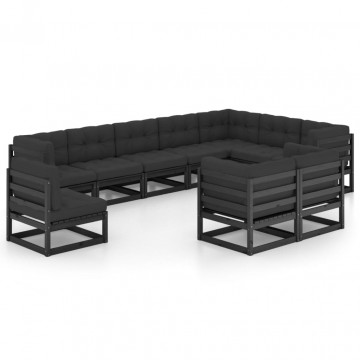 Set mobilier grădină cu perne, 10 piese, negru, lemn masiv pin - Img 1