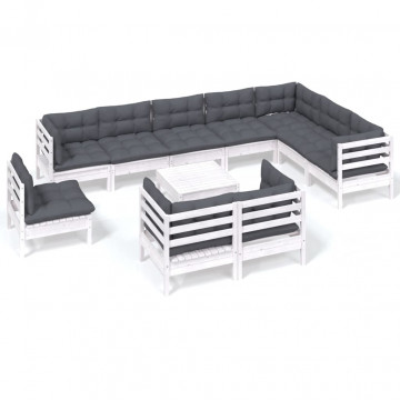 Set mobilier grădină cu perne, 11 piese, alb, lemn masiv pin - Img 2