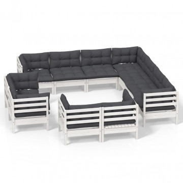Set mobilier grădină cu perne, 11 piese, alb, lemn masiv pin - Img 2