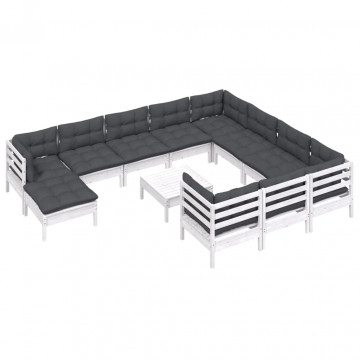 Set mobilier grădină cu perne, 12 piese, alb, lemn de pin - Img 3