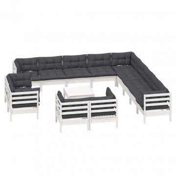 Set mobilier grădină cu perne, 14 piese, alb, lemn masiv pin - Img 3
