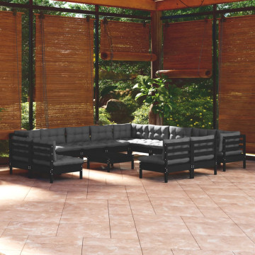 Set mobilier grădină cu perne, 14 piese, negru, lemn masiv pin - Img 1