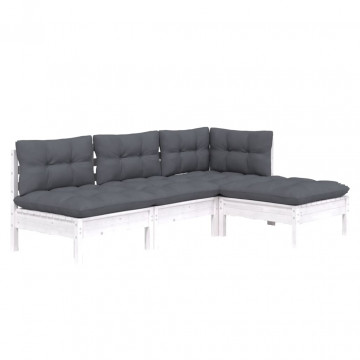 Set mobilier grădină cu perne, 4 piese, alb, lemn de pin - Img 3