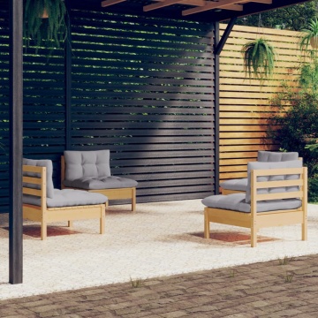 Set mobilier grădină cu perne, 4 piese, gri, lemn de pin - Img 1