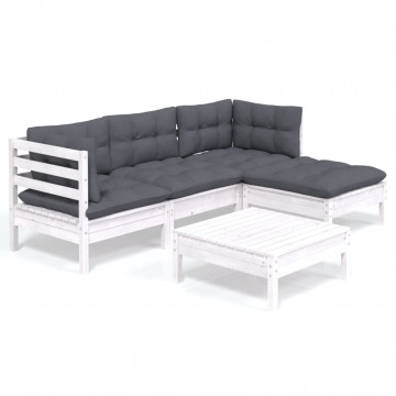 Set mobilier grădină cu perne, 5 piese, alb, lemn de pin - Img 2
